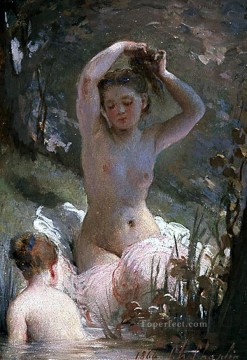  bathing Art - two girls bathing nudes Charles Joshua Chaplin